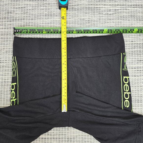 bebe Biker Shorts Womens Medium Black Green Logo Spellout Side Stripe Stretch - Picture 6 of 11